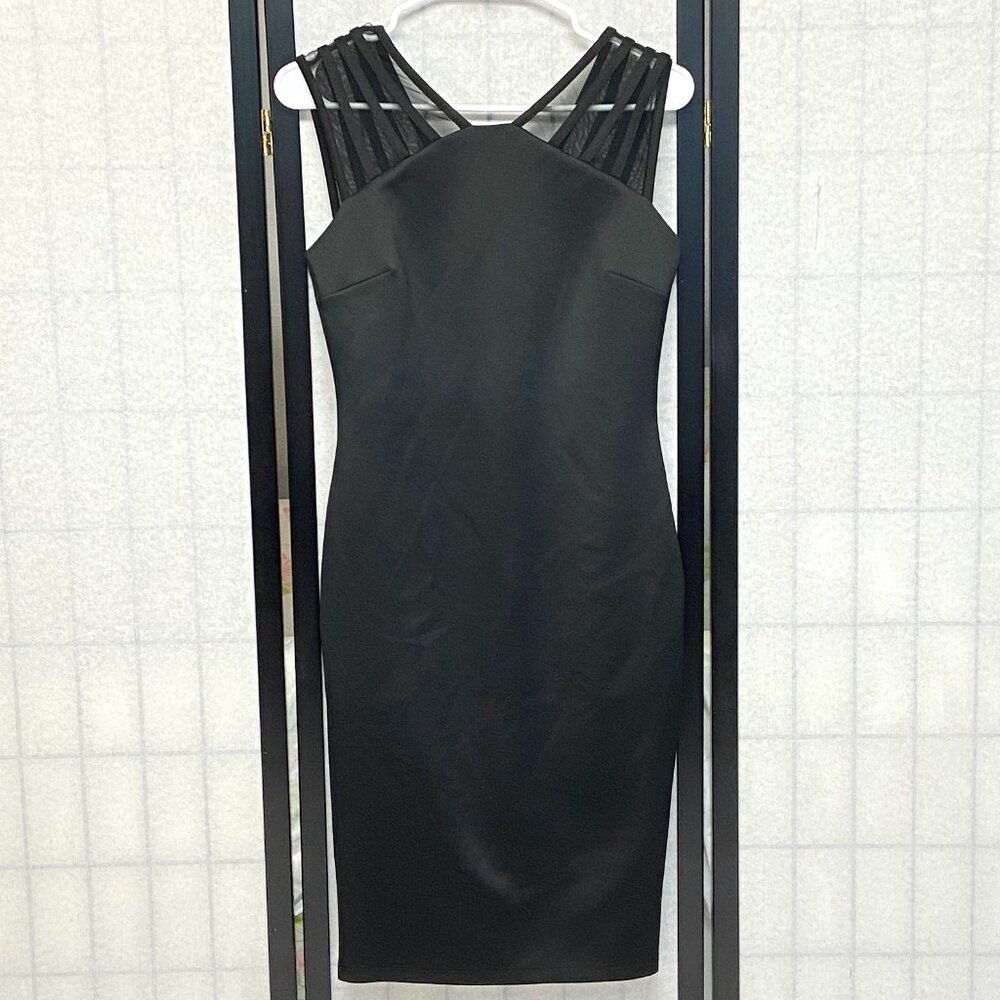 Enfocus Black Sheath Bodycon Dress 6 Sleeveless Sheer Stripe Shoulder Back Pleat